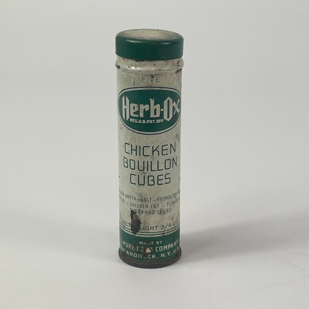 Vtg Herb-Ox Bouillon Cubes Tin 1960s MCM Retro Kitchen Prop Decor Cylinder Tube